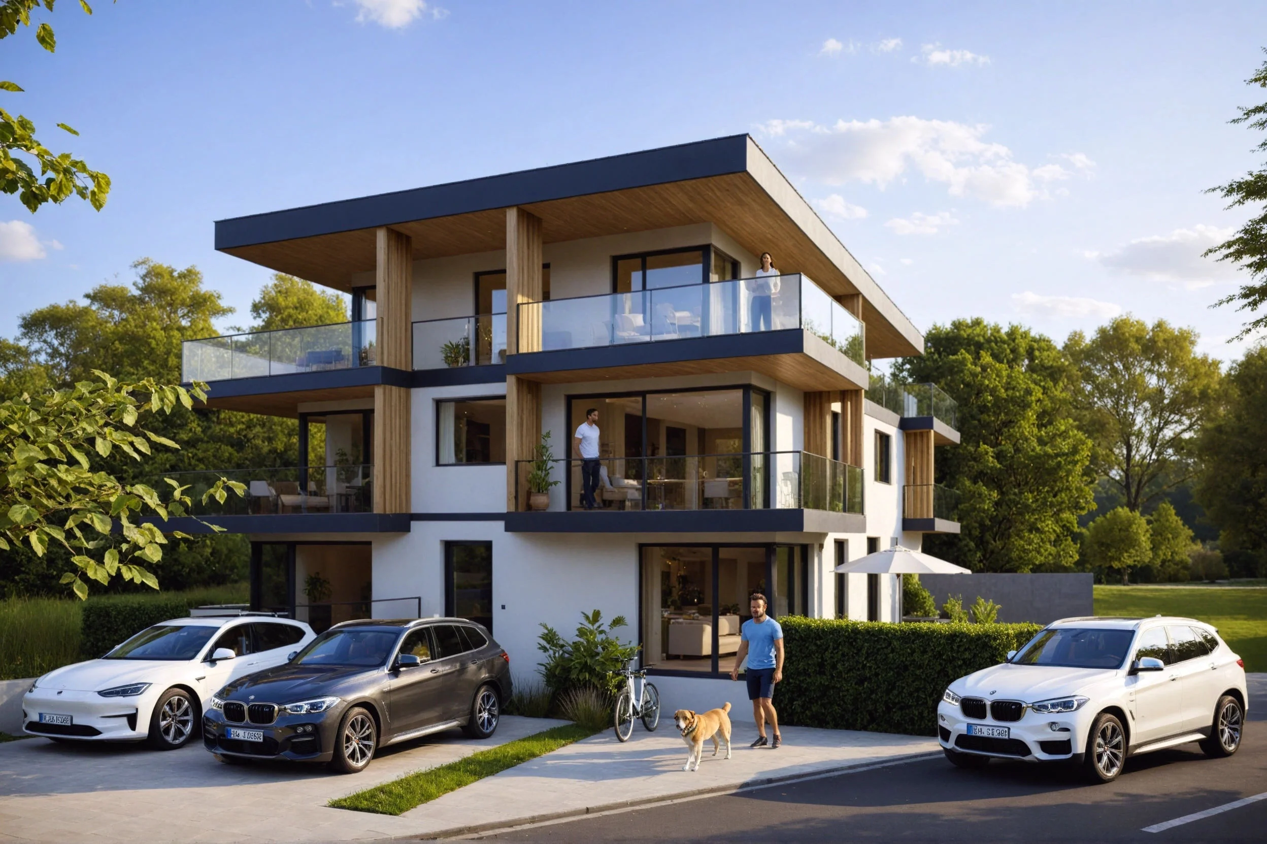 Vizualizace exteriéru – Bytový dům Sakura, čelní pohled na dům s předsazenými balkony a parkovacím stáním