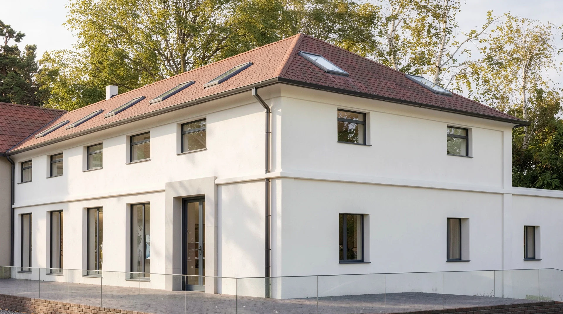 Vizualizace exteriéru – Objekt léčebný Neuronwell, boční pohled na budovu s valbovou střechou a terasou se skleněným zábradlím