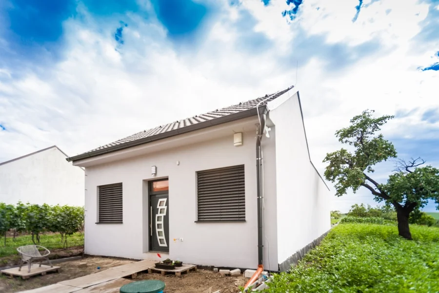 Exteriér – Rodinný dům Bořetice, boční pohled na dům s vinicí v sousedství