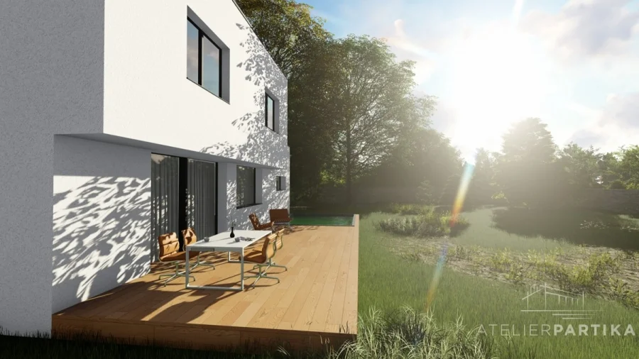 Vizualizace exteriéru – Rodinný dům Černý Most, dřevěná terasa s posezením v podvečerním slunci