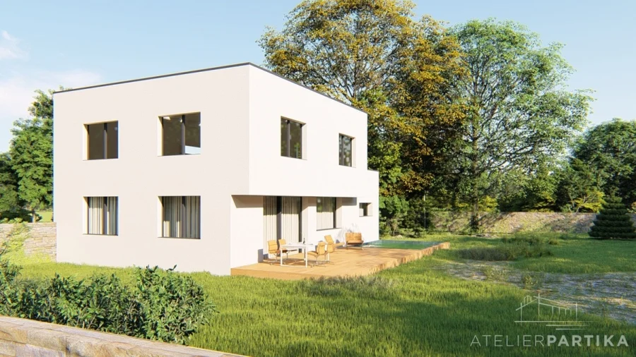 Vizualizace exteriéru – Rodinný dům Černý Most, boční pohled na kubickou hmotu domu s terasou