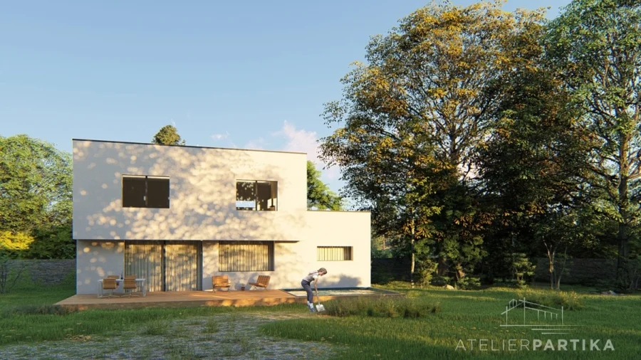 Vizualizace exteriéru – Rodinný dům Černý Most, čelní pohled na terasu v podvečerním slunci se stínem stromu na fasádě