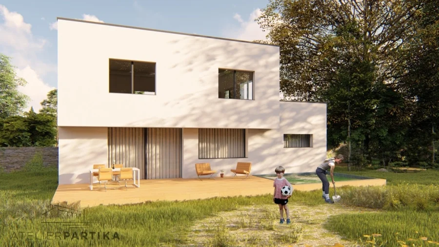 Vizualizace exteriéru – Rodinný dům Černý Most, zahradní fasáda s terasou a hrajícím si dítětem na trávníku