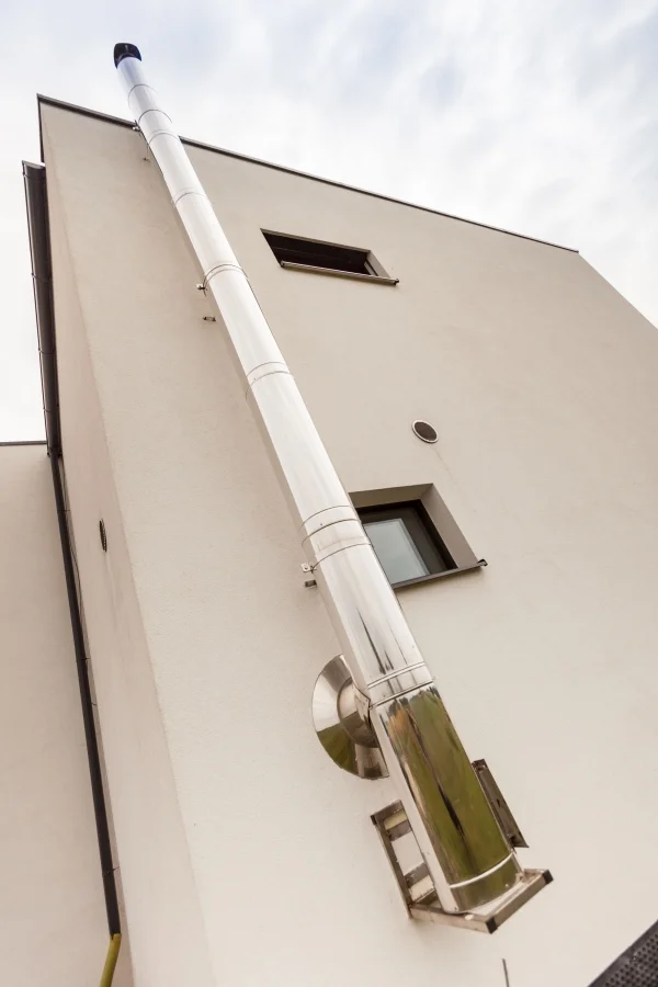 Exteriér – Rodinný dům Horní Domaslavice, detail nerezového komínového průduchu krbových kamen na fasádě