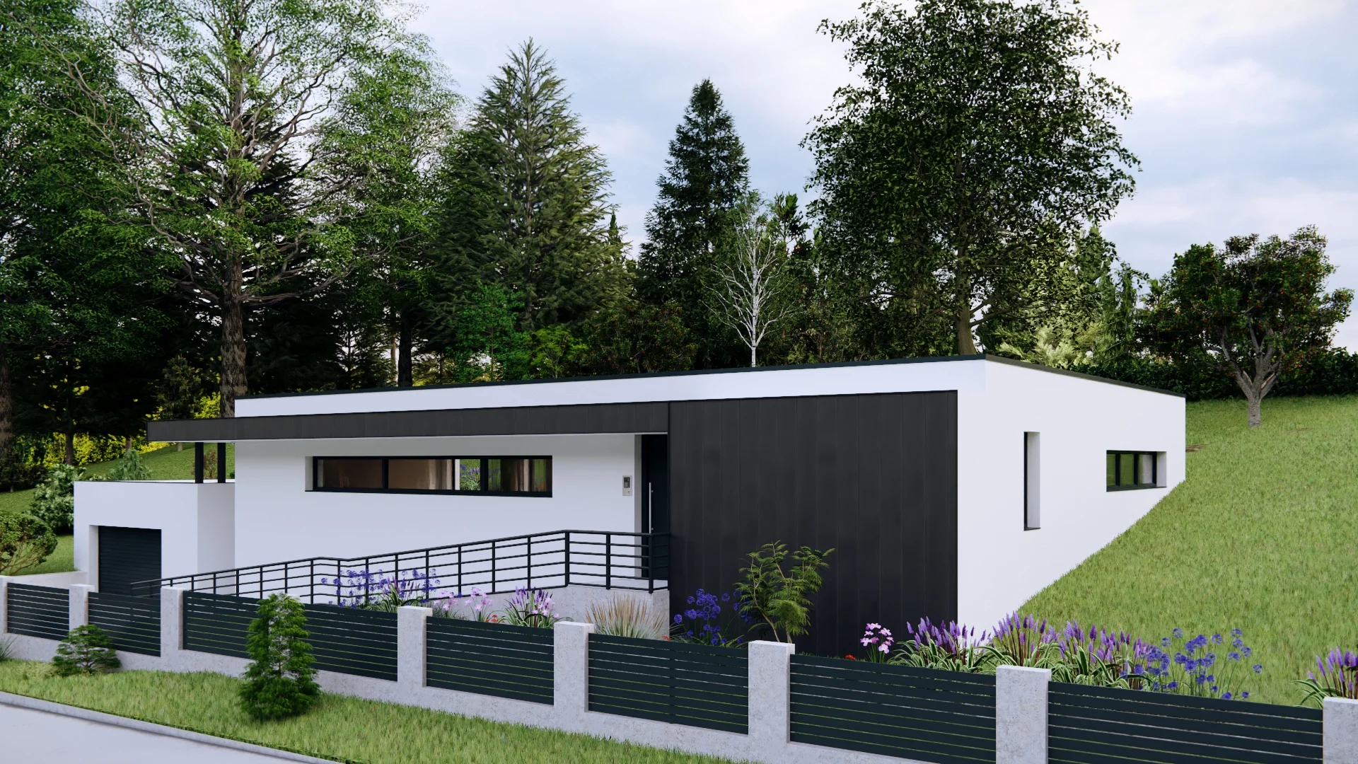 Vizualizace exteriéru – Rodinný dům Hranice, boční pohled na dům zasazený do travnatého svahu