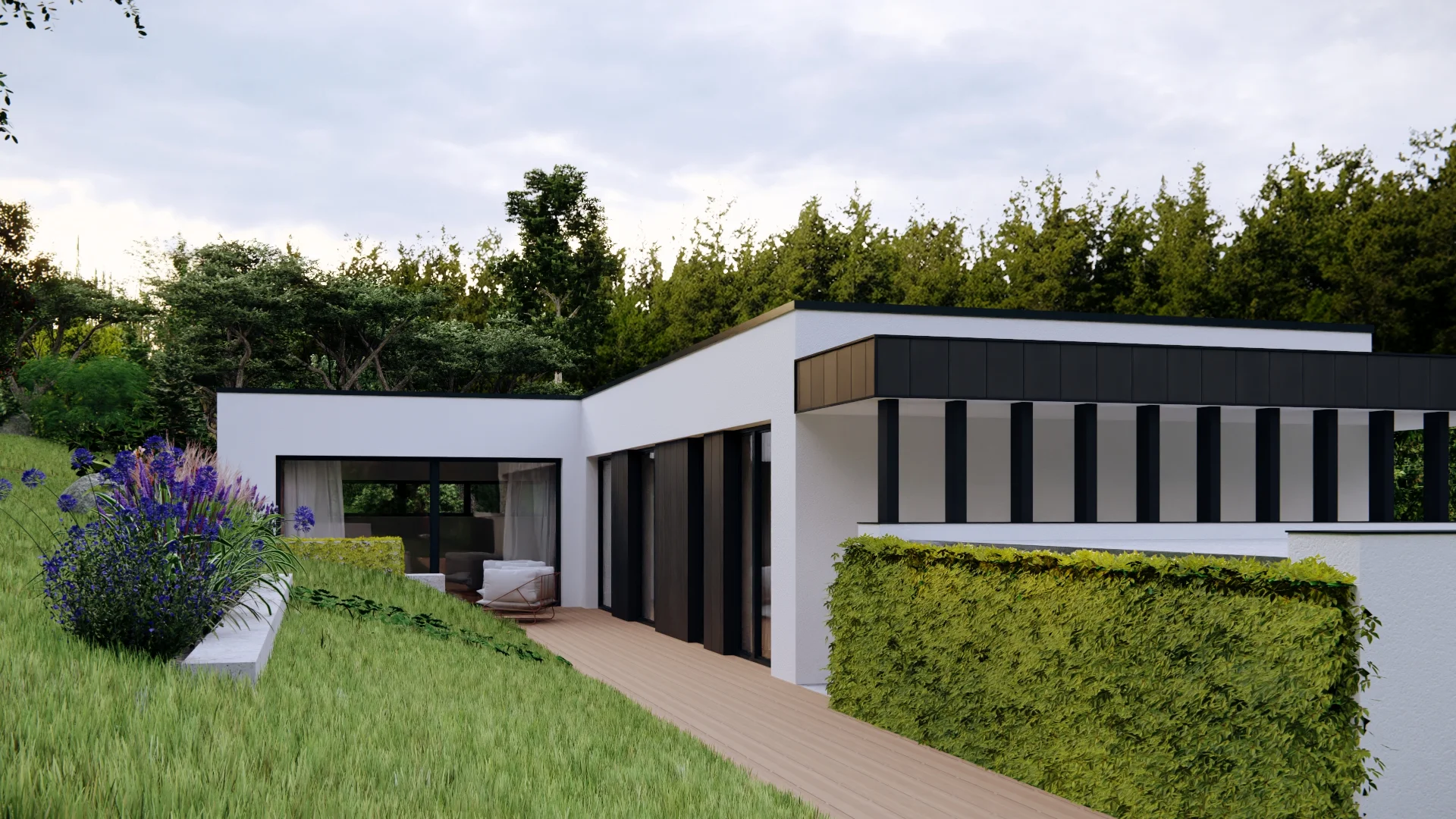 Vizualizace exteriéru – Rodinný dům Hranice, zahradní terasa s dřevěnou podlahou podél prosklené fasády