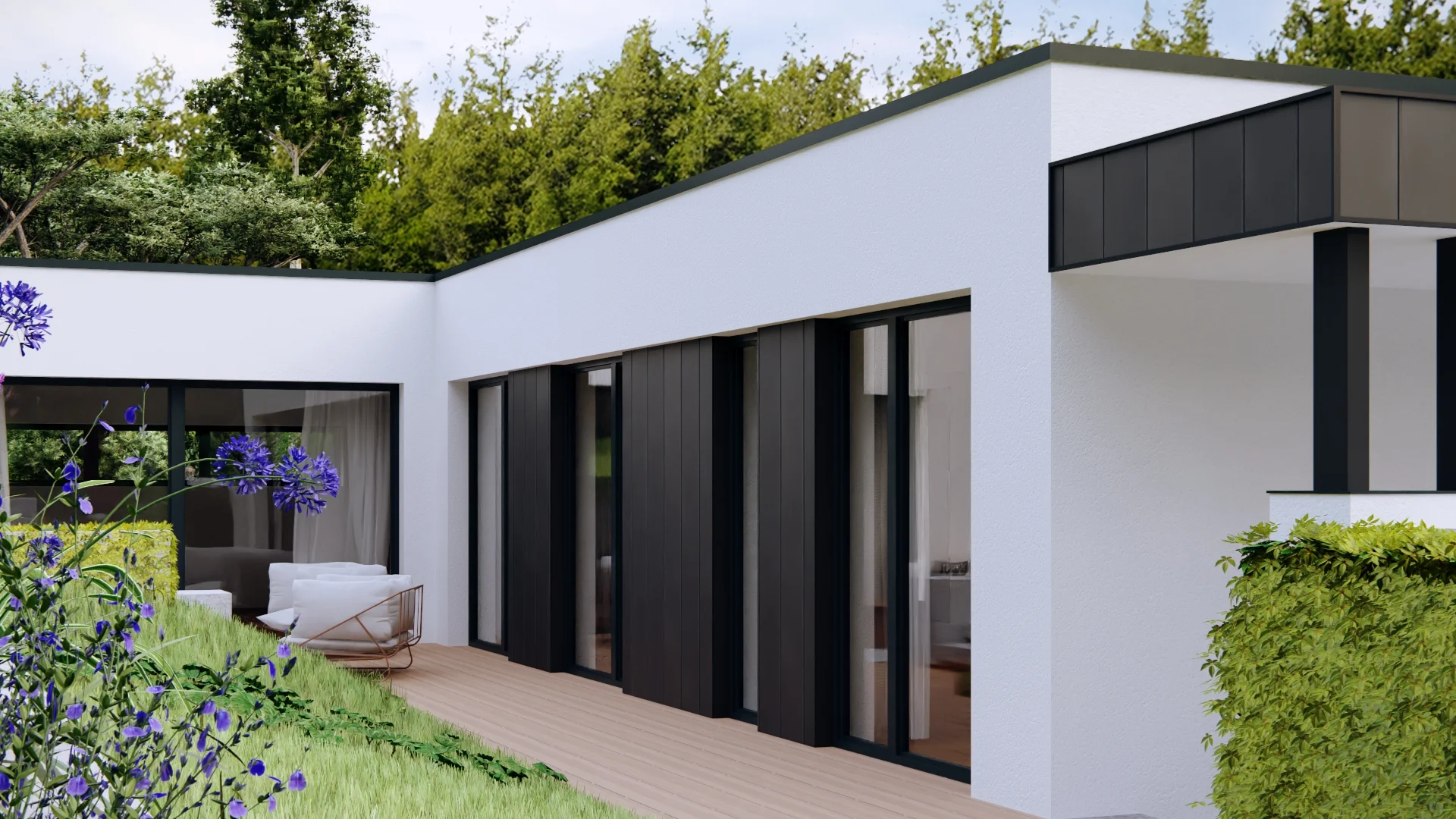 Vizualizace exteriéru – Rodinný dům Hranice, detail terasy se dřevěnými lamelovými panely a posuvnými dveřmi
