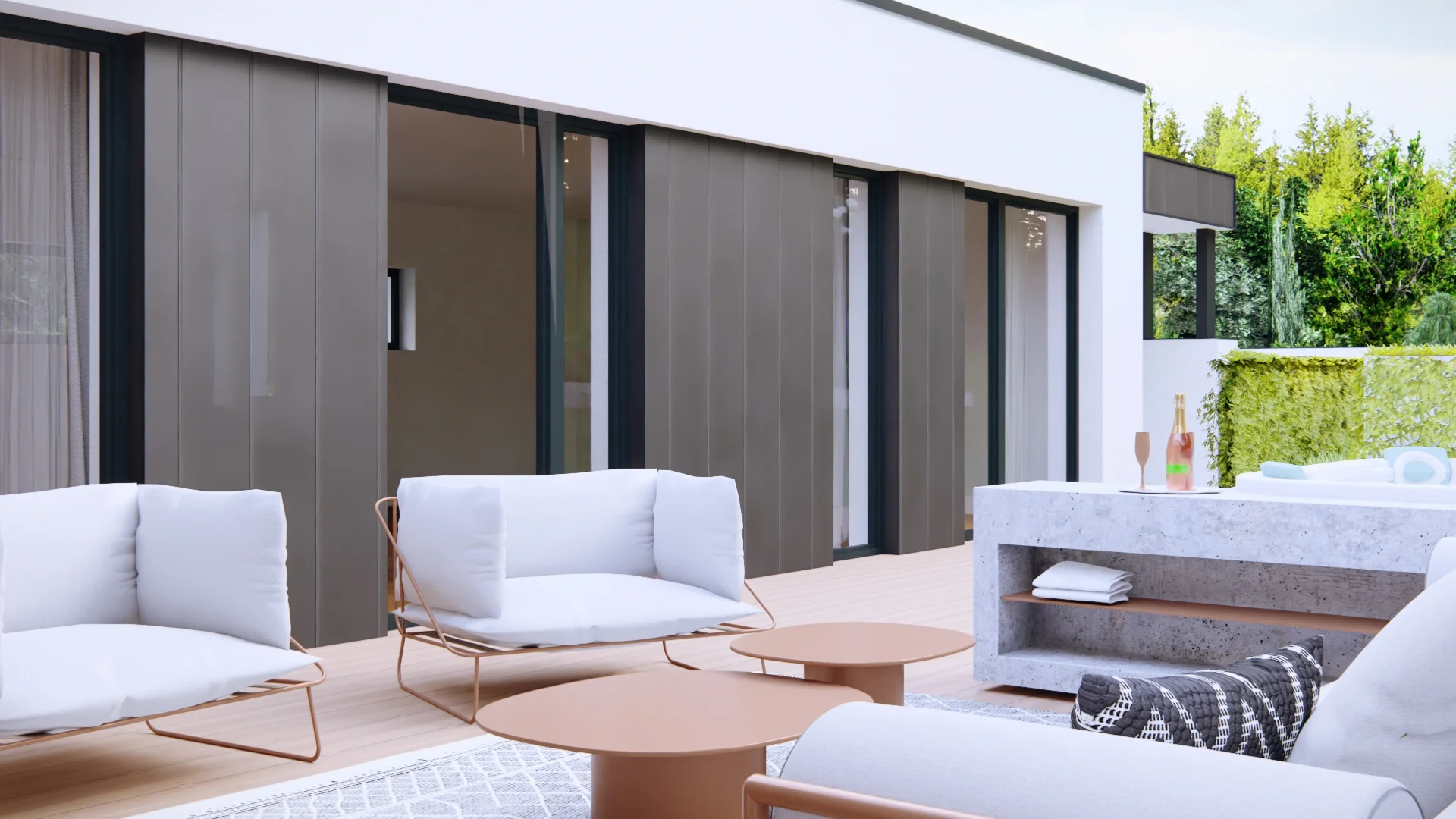 Vizualizace exteriéru – Rodinný dům Hranice, detail terasy s posuvnými panely fasády a betonovým barovým pultem