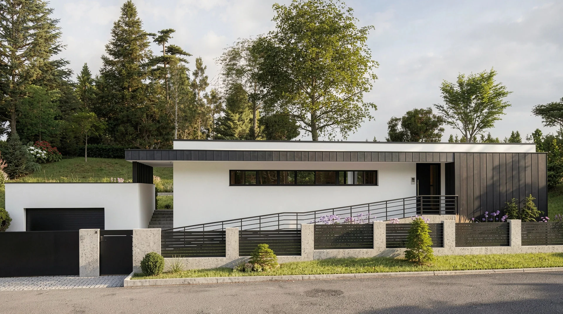 Rodinný dům Hranice – vstupní rampa se schodištěm, kombinace černého obkladu a bílé omítky
