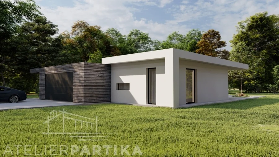 Exteriér – Rodinný dům Hukvaldy, pohled na vstup a garáž s dřevěným obkladem z opačné strany domu