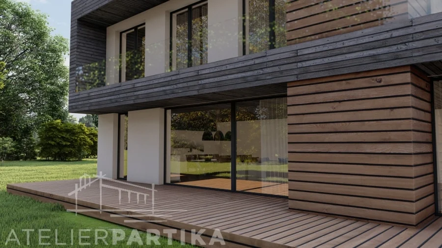Vizualizace exteriéru – Rodinný dům Sadová, detail terasy a dřevěného obkladu patra