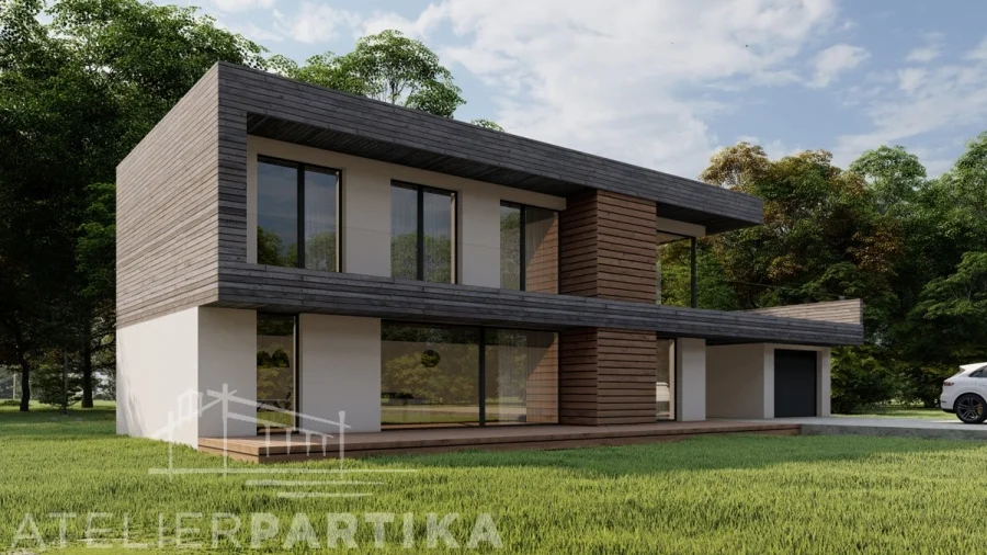 Vizualizace exteriéru – Rodinný dům Sadová, boční pohled s garáží a kombinací tmavého dřevěného obkladu a bílé omítky