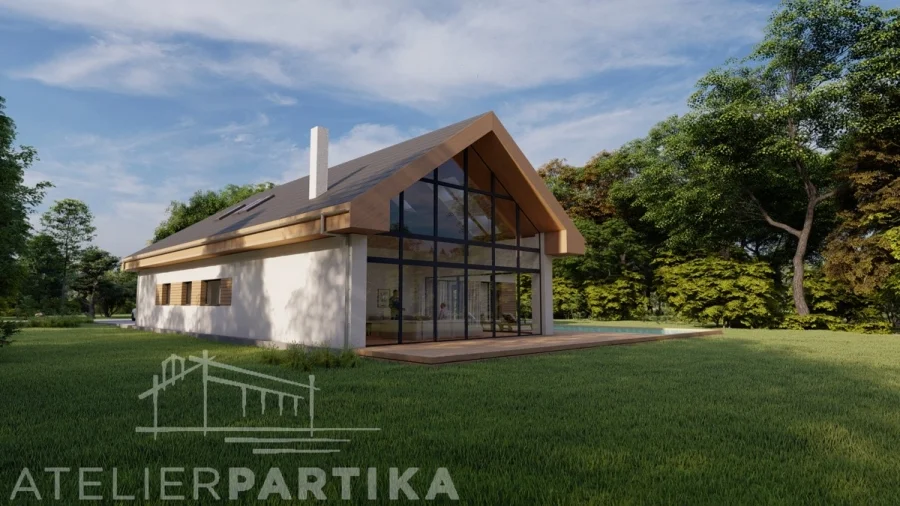 Vizualizace exteriéru – Rodinný dům Sivice, boční pohled na dům s komínem a bílou omítkou